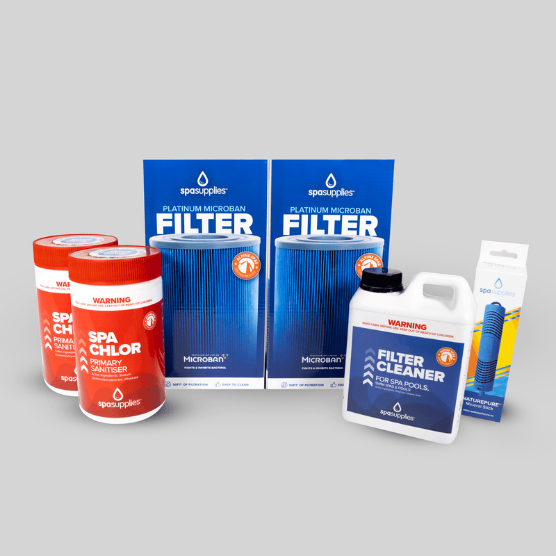 2 x Platinum Microban Filters, NaturePure Spa Stick, Filter Cleaner & 2kg Chlorine Subscription Pack.